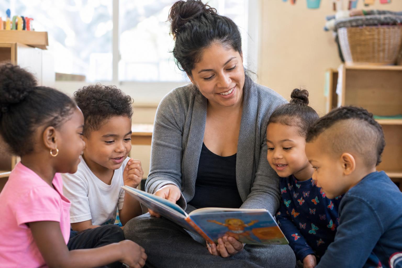 A teacher reading a picture book with four preschool children in a La Peninsula classroom