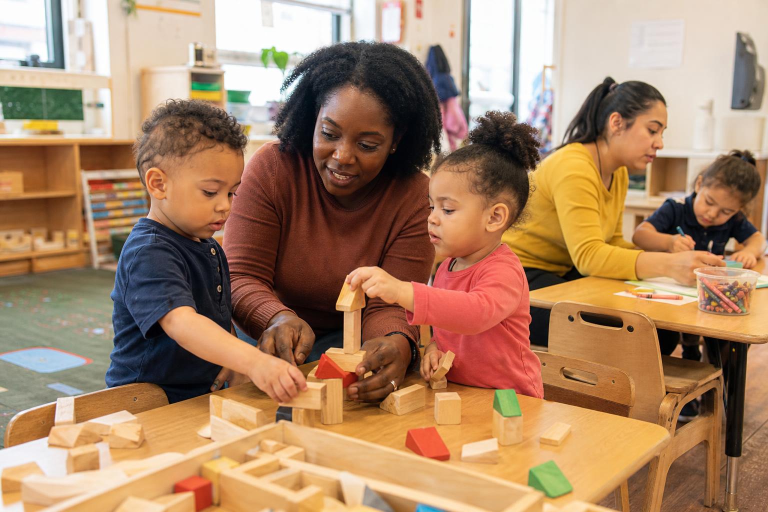 Teachers helping toddlers build with wooden blocks in a bright classroom